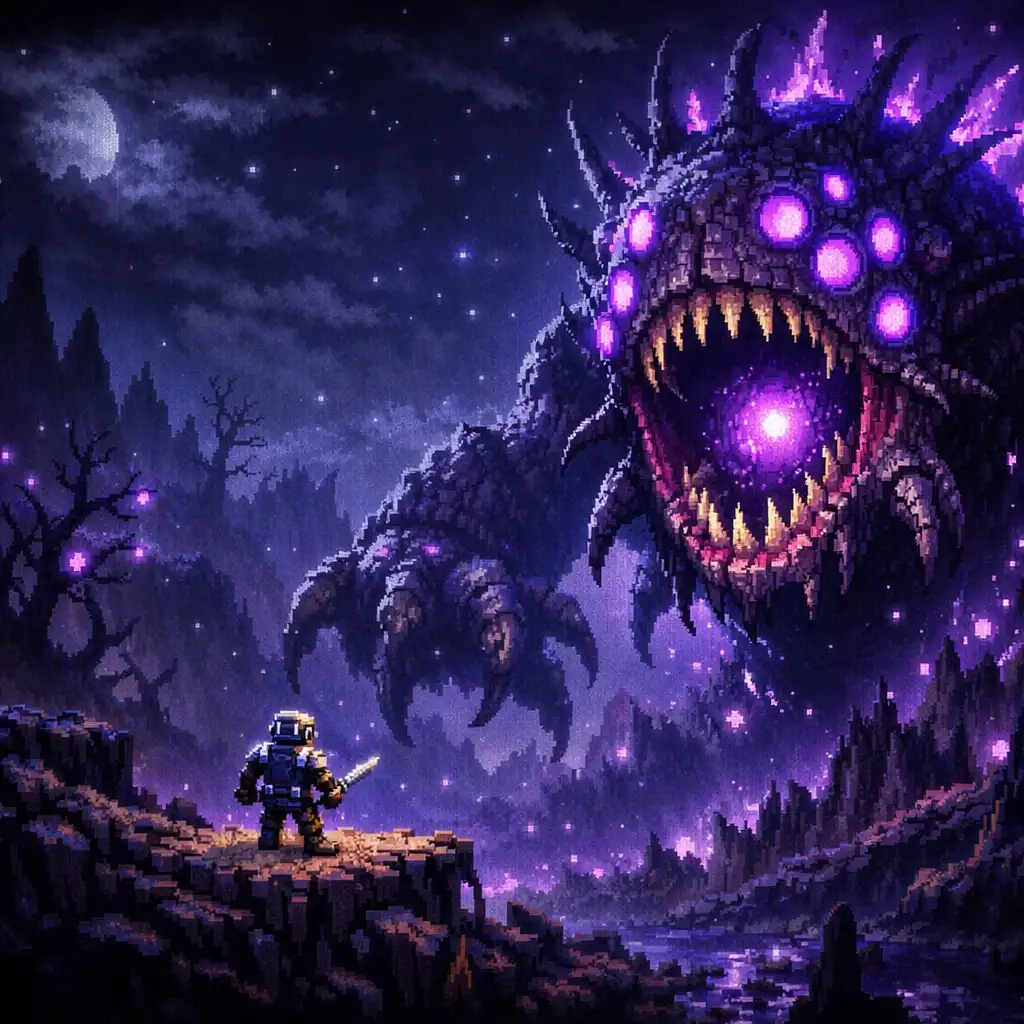 Pixel-art walka z bossem Terraria