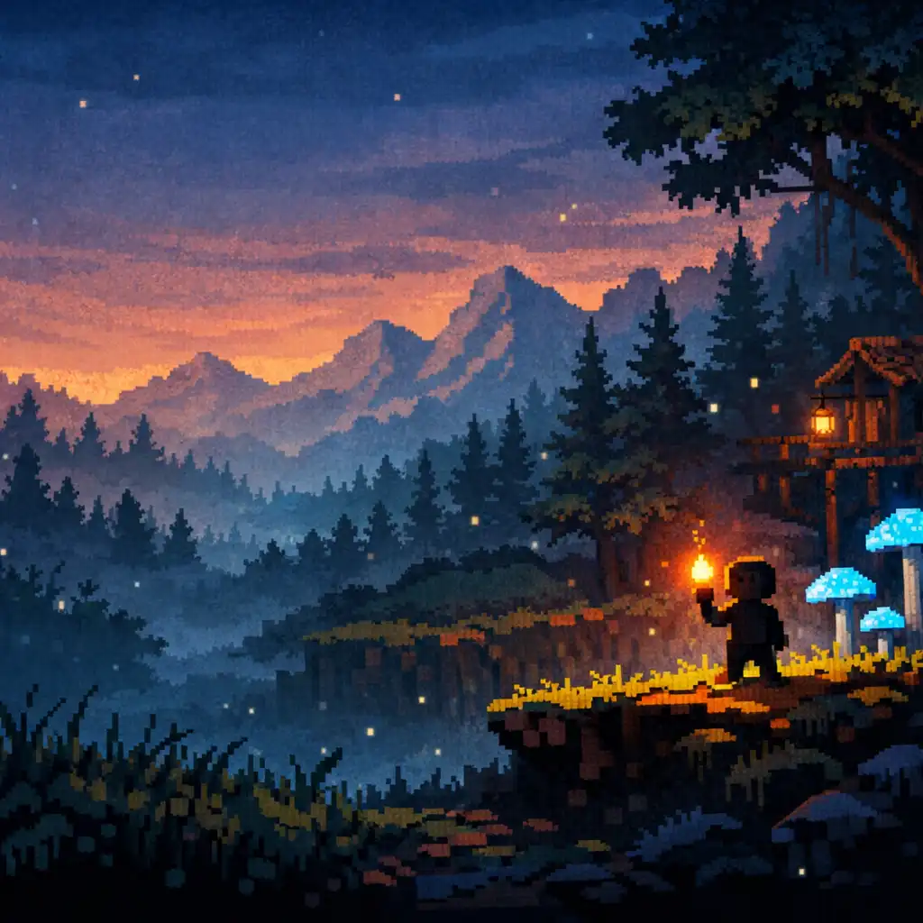 Pixel-art biom Terraria o zmierzchu