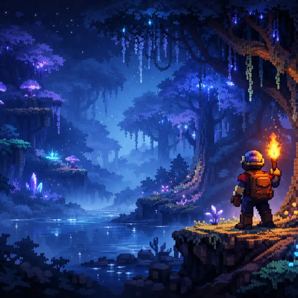 Terraria nocna eksploracja lasu z pochodnią